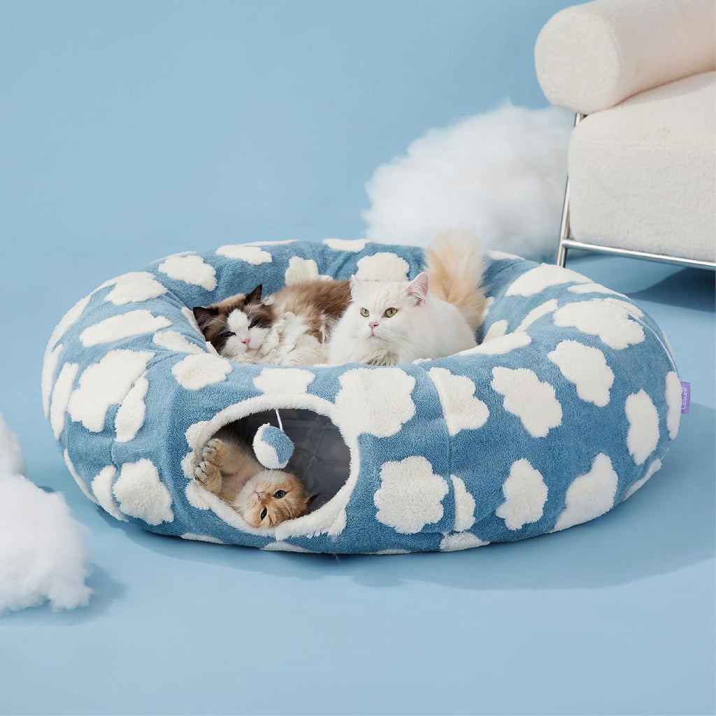2-in-1 Cat Tunnel Bed  Daisy 80cm - Plush Donut Pet Cave & Play Tube - Detachable Washable Cushion & Interactive Hanging Toy for Indoor Cats