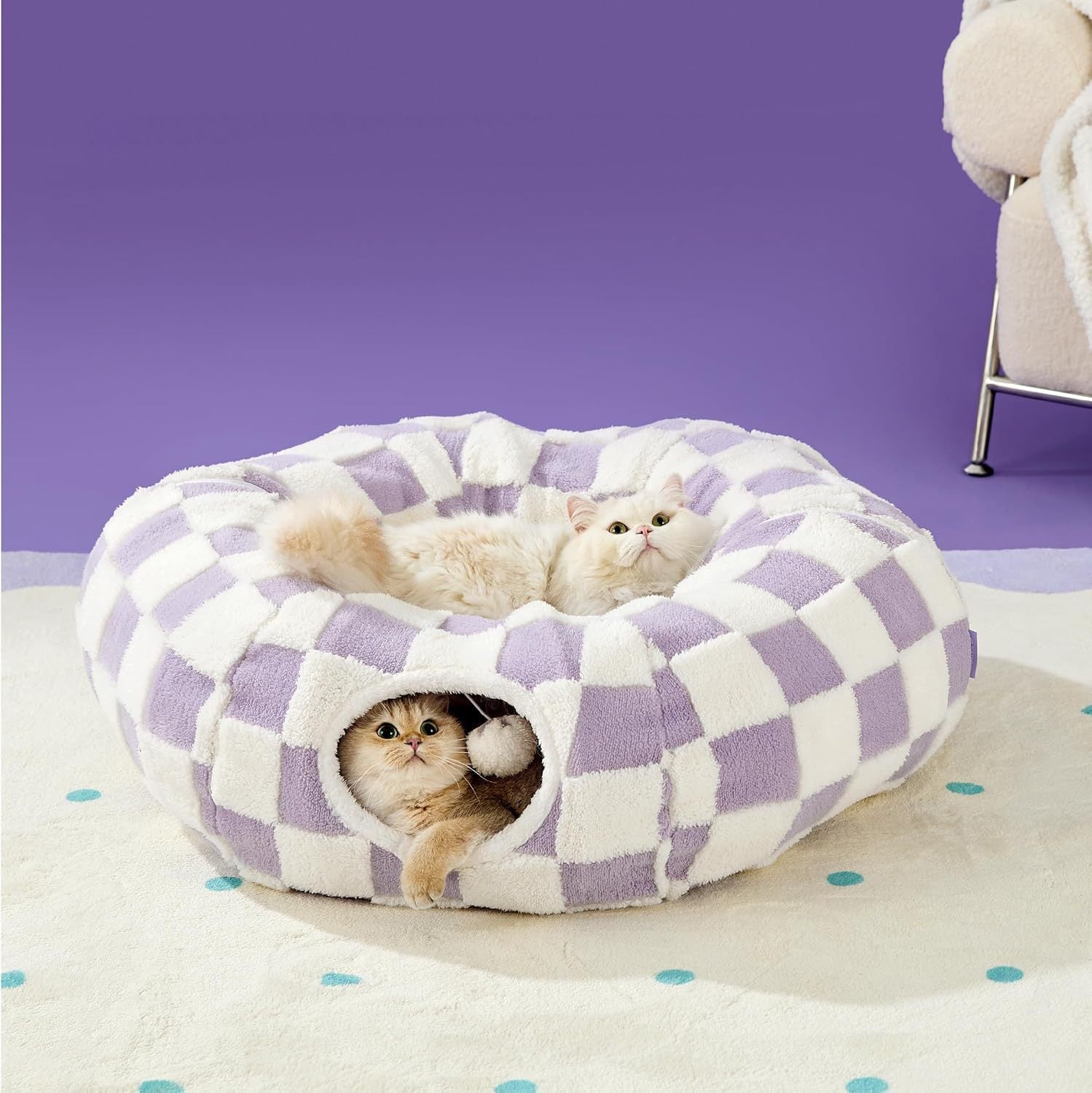 2-in-1 Cat Tunnel Bed  Daisy 80cm - Plush Donut Pet Cave & Play Tube - Detachable Washable Cushion & Interactive Hanging Toy for Indoor Cats