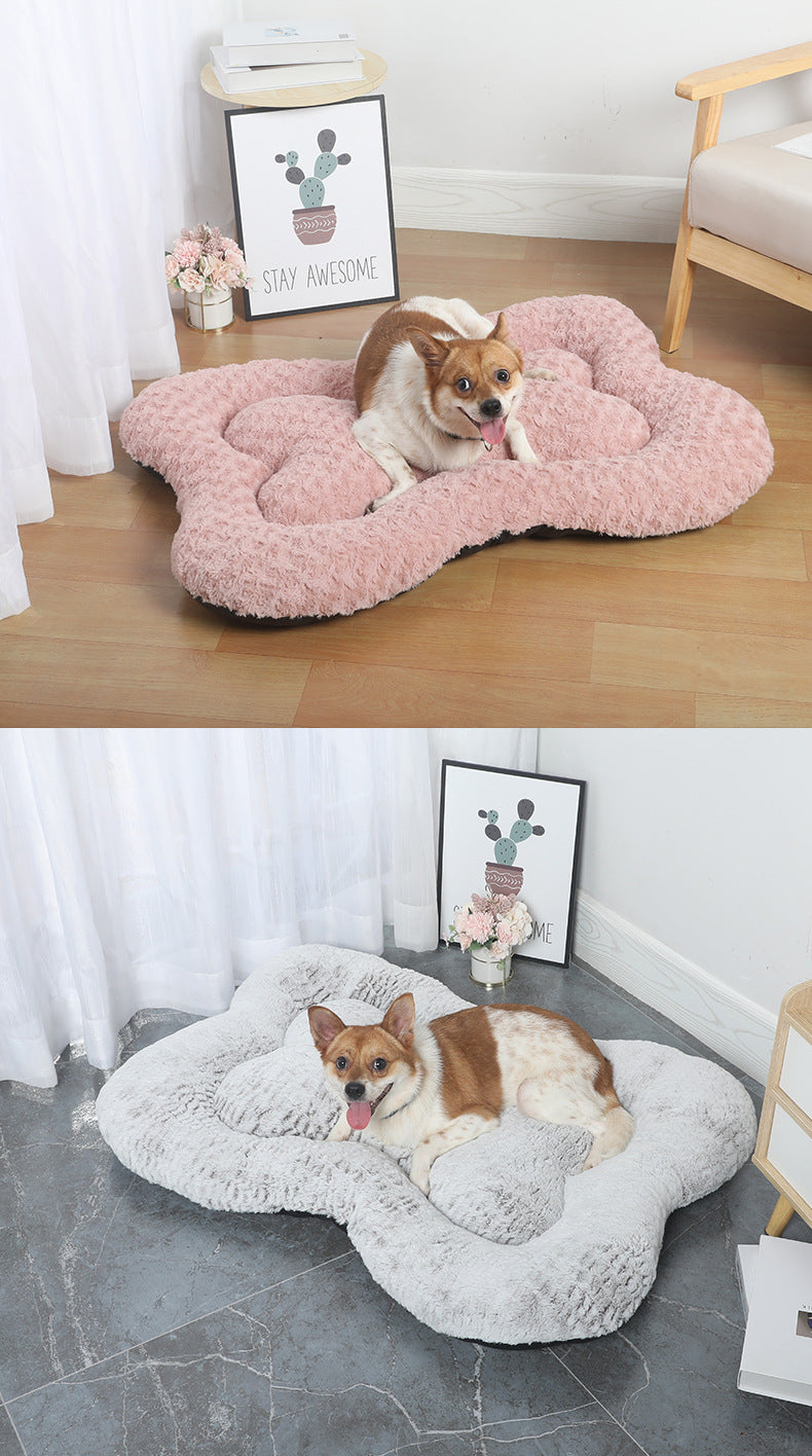M Pink Rose Velvet Fish Scale Pet Bed - Creative Bone-Shaped Soft and Cozy Dog & Cat Nest