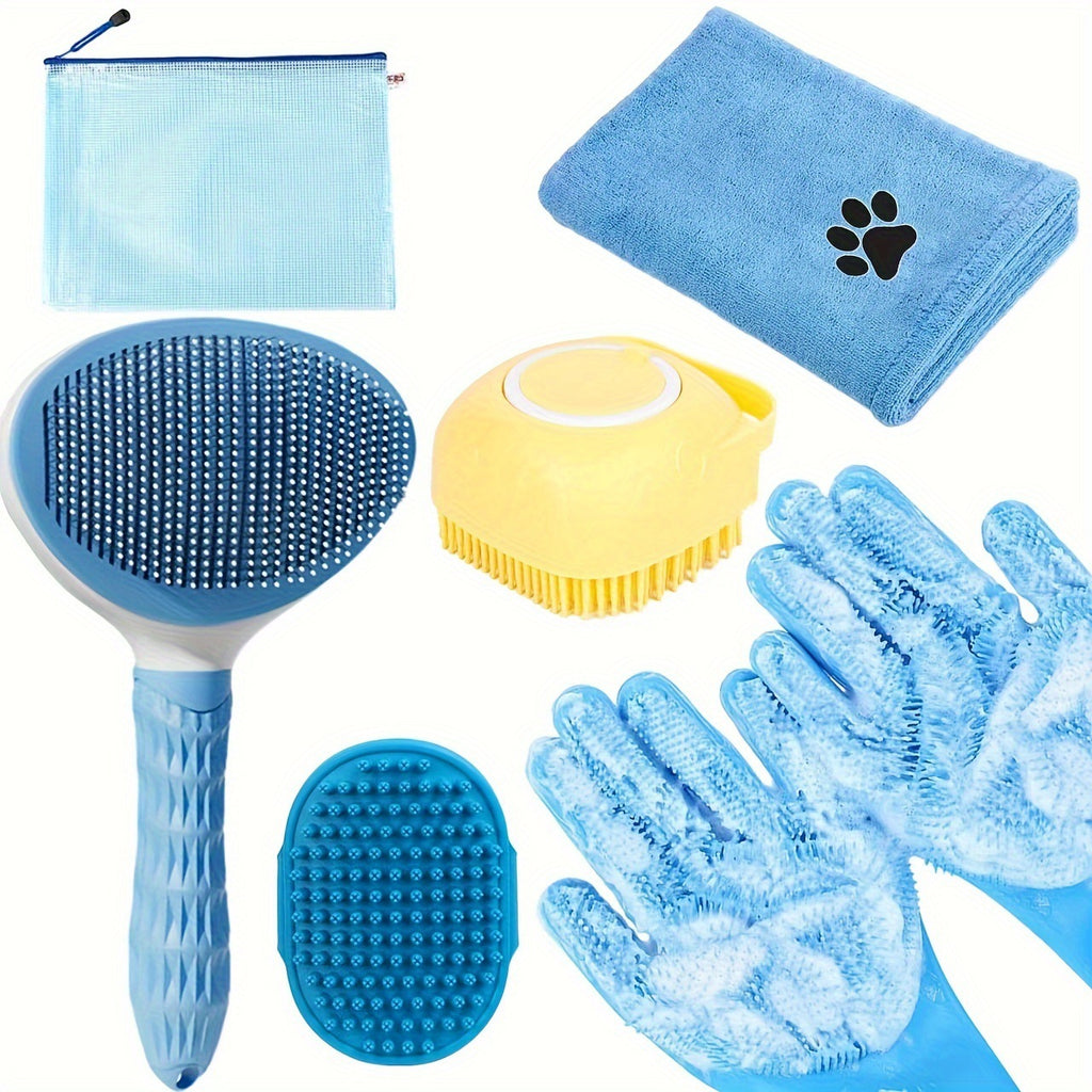 Blue 6-Piece Dog Grooming Bath Set - Absorbent Microfiber Towels & Wash Mitts for Shiny Coats