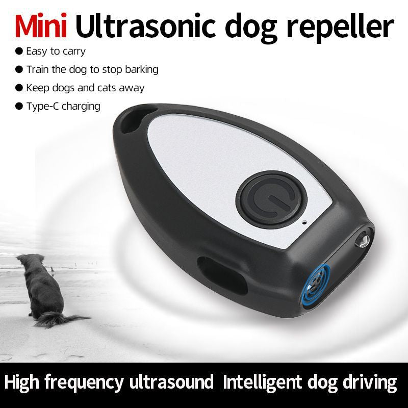 Black Portable Ultrasonic Dog Repeller & Trainer - Anti-Barking Device with LED Flashlight, USB-C Rechargeable