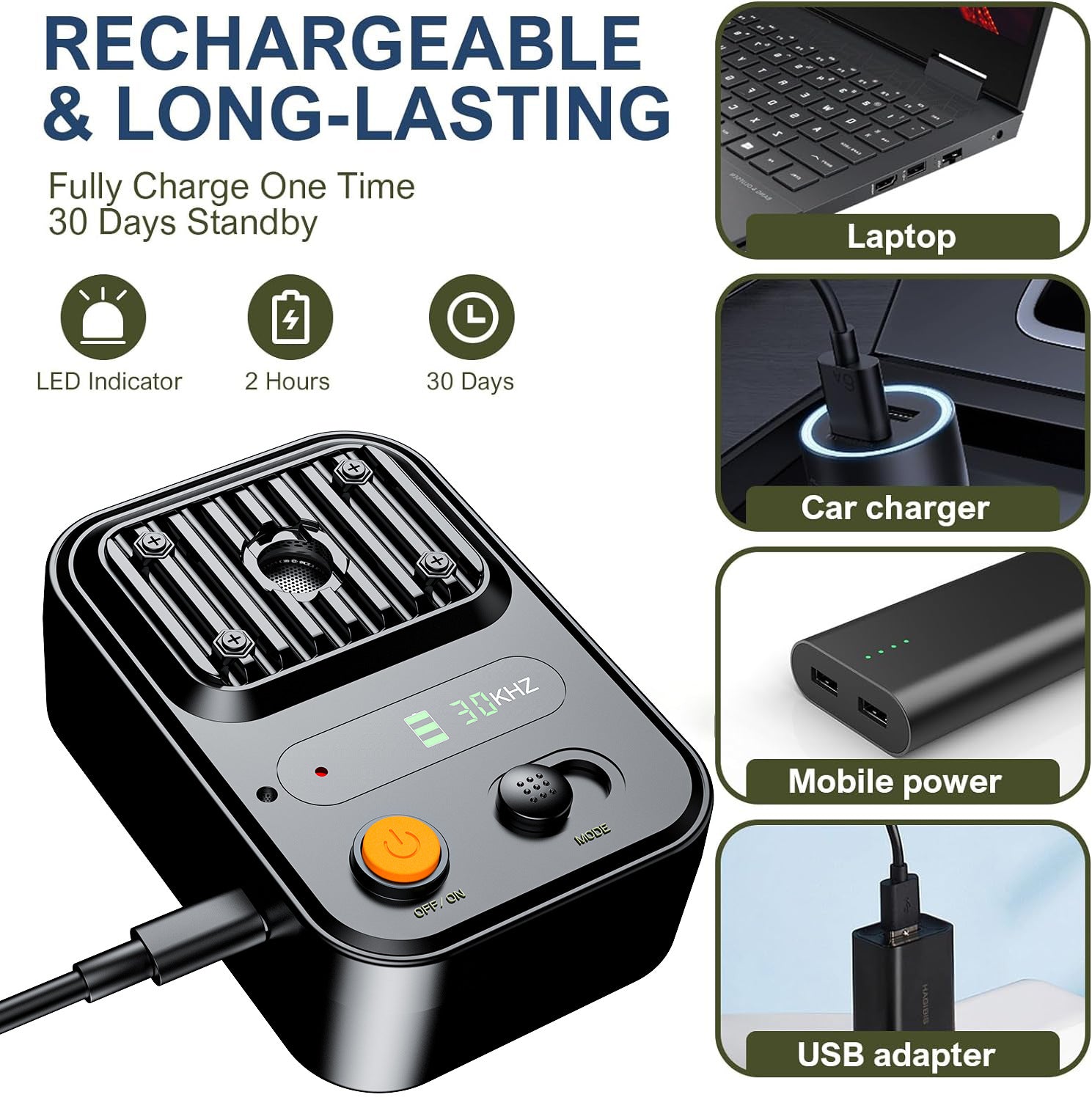 Black USB Rechargeable Color Screen Ultrasonic Dog Repeller - High-Power Anti-Bark Device, 9.2x5.6x13cm, 180g