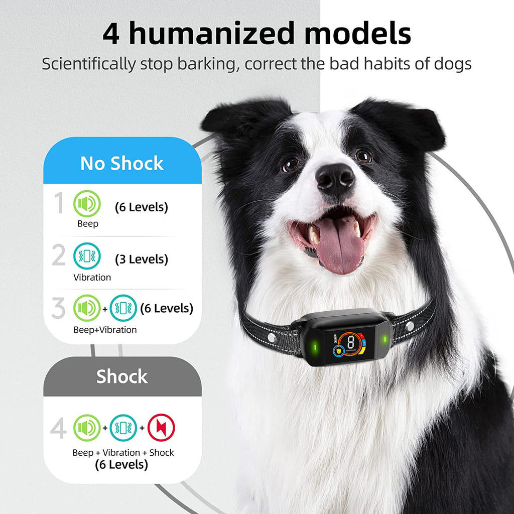 USB Rechargeable Smart Anti-Bark Collar with Color Screen - Waterproof Shock Training Collar