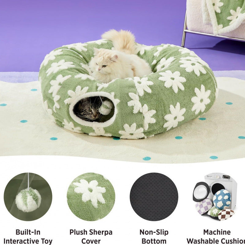 2-in-1 Cat Tunnel Bed  Daisy 80cm - Plush Donut Pet Cave & Play Tube - Detachable Washable Cushion & Interactive Hanging Toy for Indoor Cats