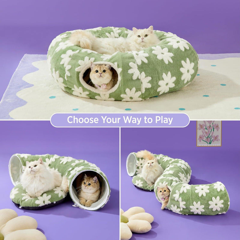 2-in-1 Cat Tunnel Bed  Daisy 80cm - Plush Donut Pet Cave & Play Tube - Detachable Washable Cushion & Interactive Hanging Toy for Indoor Cats