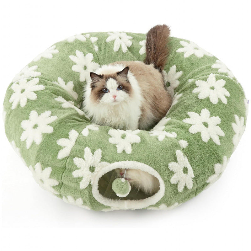 2-in-1 Cat Tunnel Bed  Daisy 80cm - Plush Donut Pet Cave & Play Tube - Detachable Washable Cushion & Interactive Hanging Toy for Indoor Cats