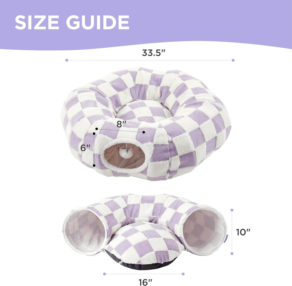 2-in-1 Cat Tunnel Bed  Daisy 80cm - Plush Donut Pet Cave & Play Tube - Detachable Washable Cushion & Interactive Hanging Toy for Indoor Cats