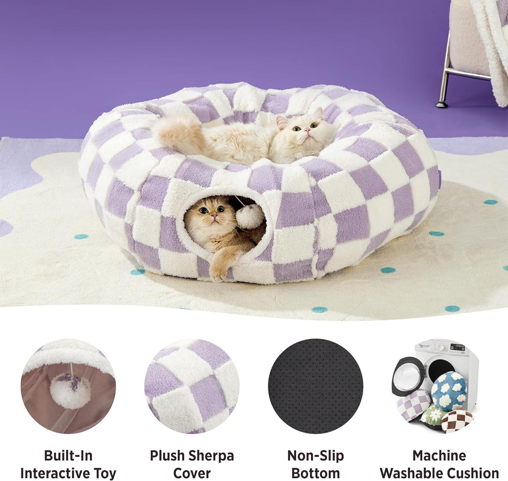 2-in-1 Cat Tunnel Bed  Daisy 80cm - Plush Donut Pet Cave & Play Tube - Detachable Washable Cushion & Interactive Hanging Toy for Indoor Cats