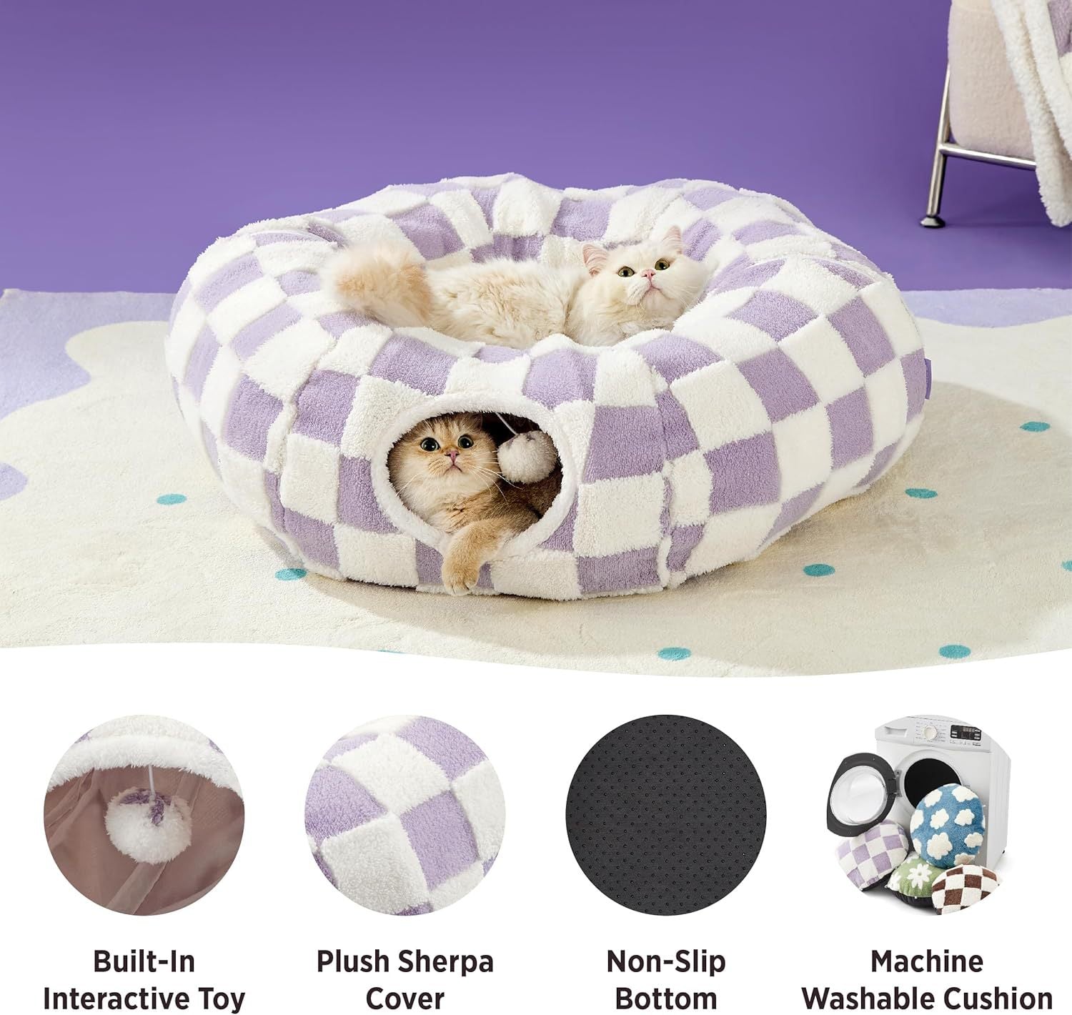 2-in-1 Cat Tunnel Bed  Daisy 80cm - Plush Donut Pet Cave & Play Tube - Detachable Washable Cushion & Interactive Hanging Toy for Indoor Cats